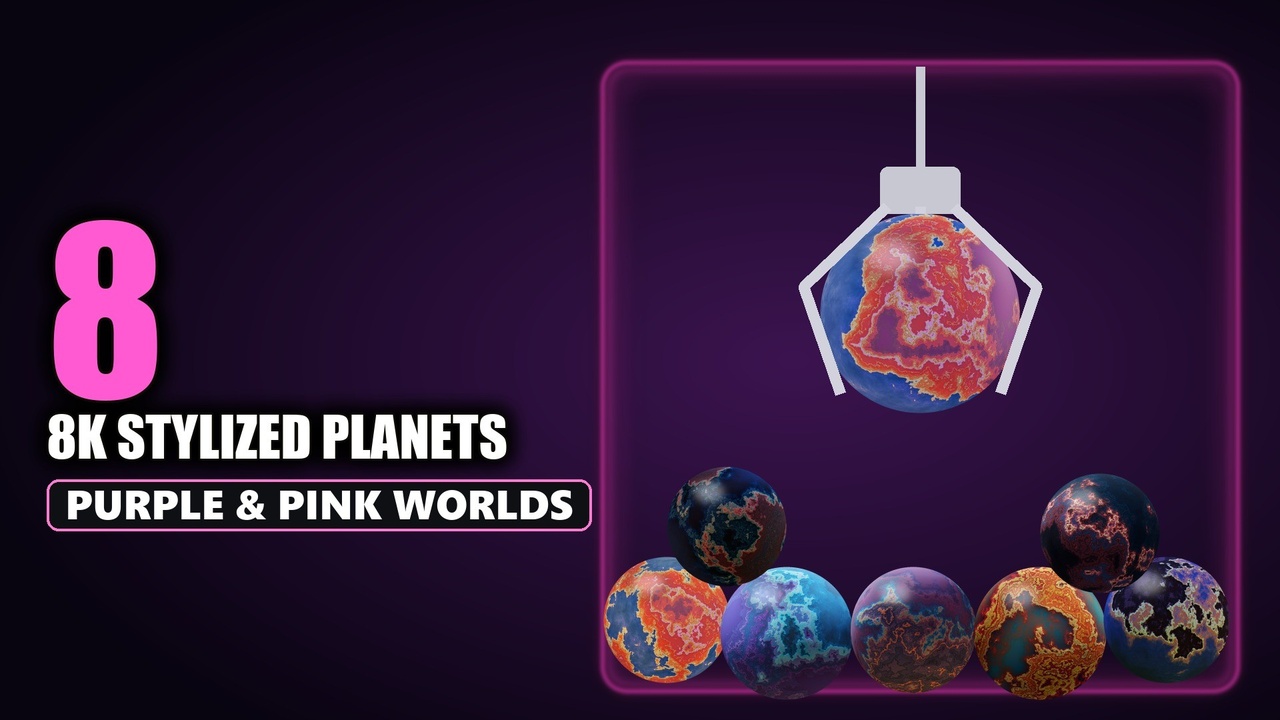 Media 1 for listing Stylized Exotic Planets Bundle - 8 Purple & Pink Worlds with 8K Textures