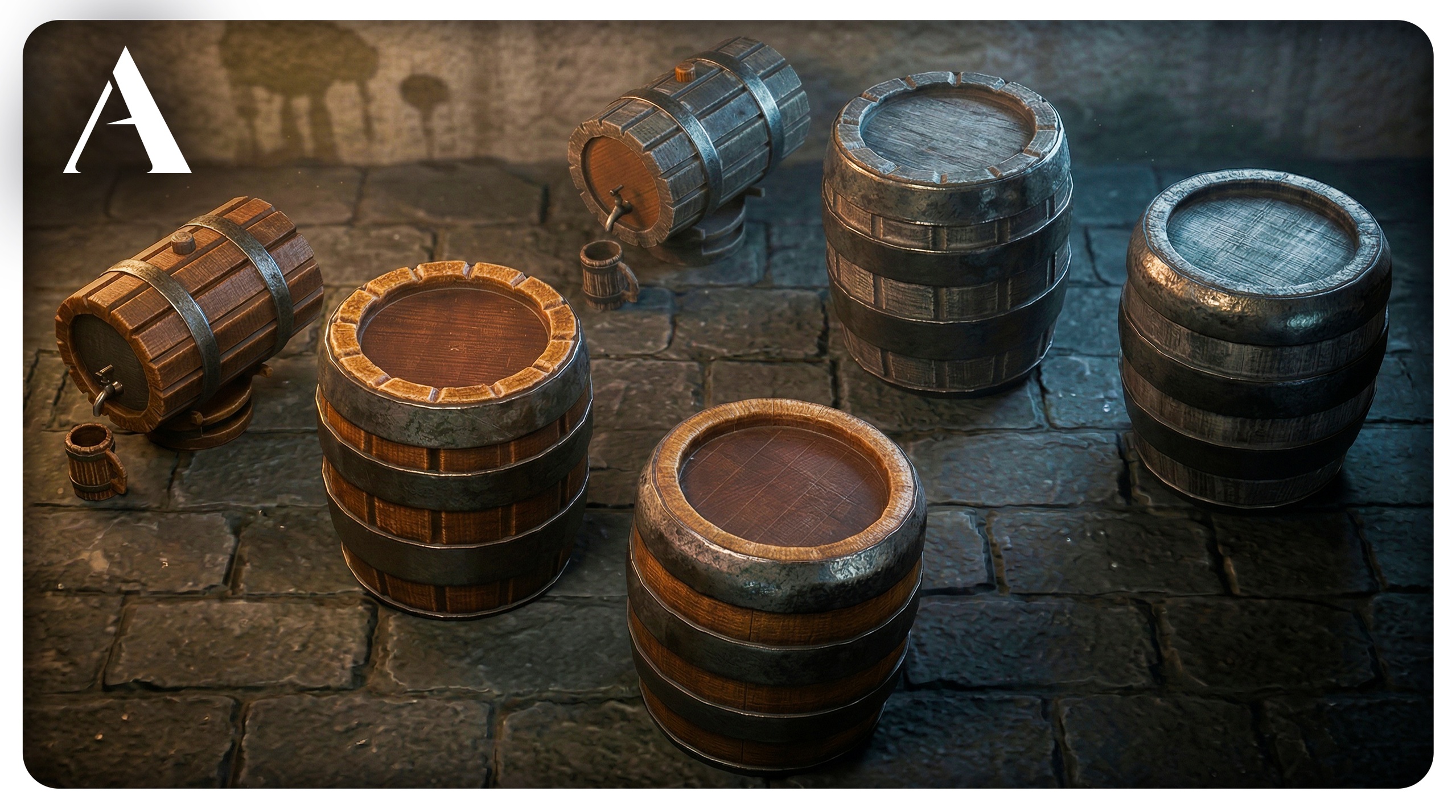 Media 1 for listing Medieval Wooden Barrel Set with Tap and Accessories, 6 Meshes, 2 Wood Variations