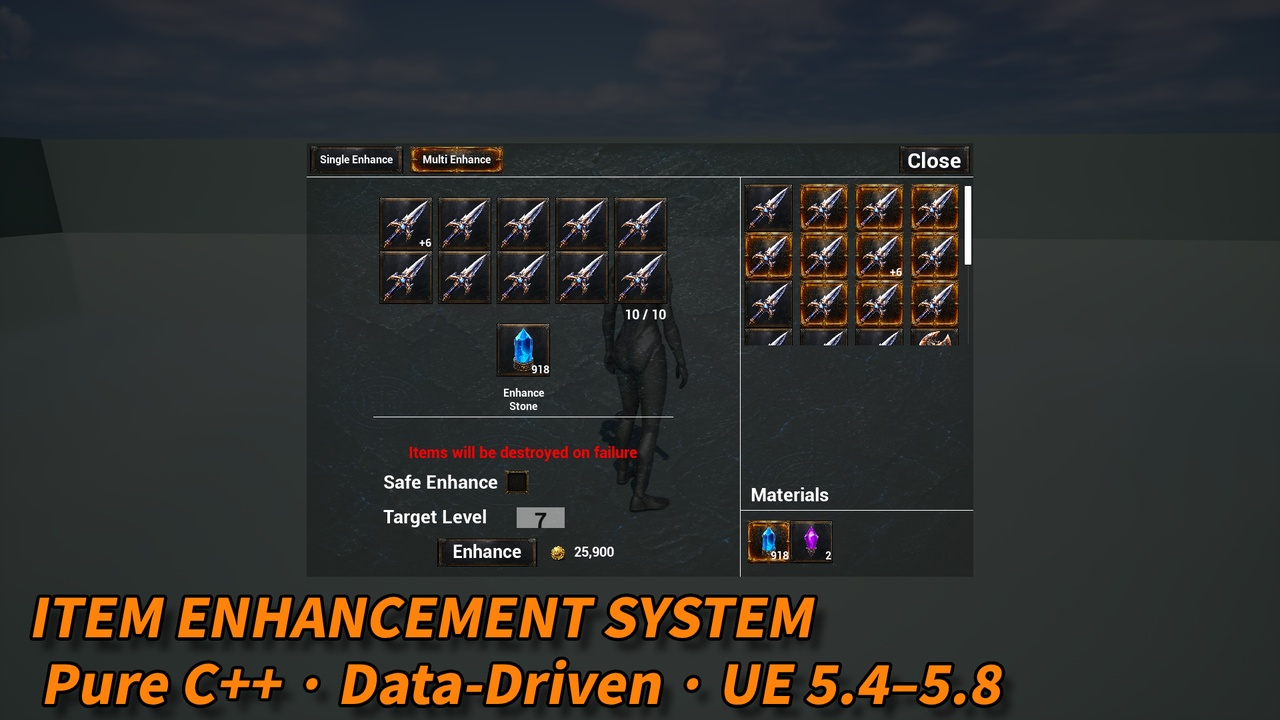 Media 1 for listing Item Enhancement System - Pure C++ | Data-Driven Item Upgrade (UE 5.4–5.8)