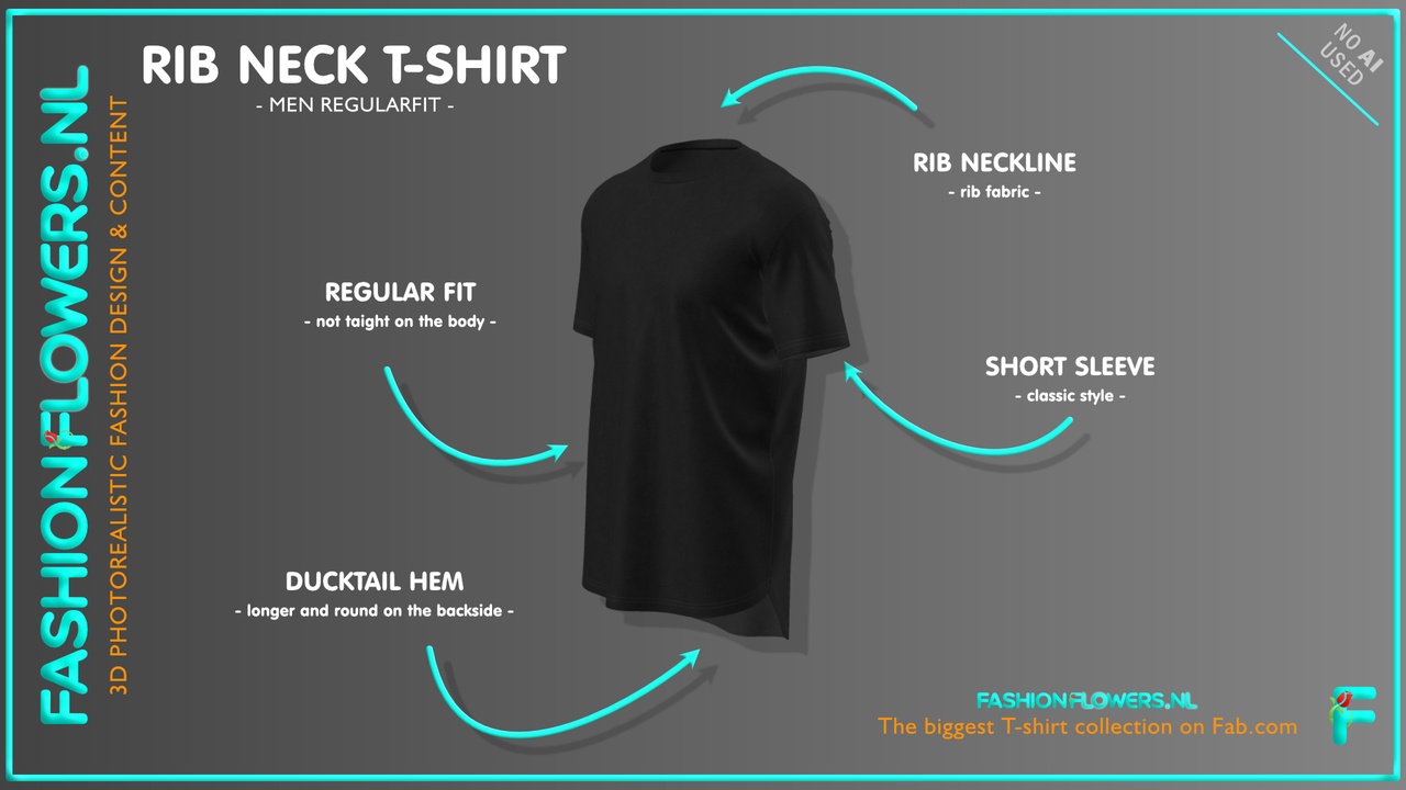 Media 1 for listing Black Colour Short Sleeve Ducktail T-shirt | Rib Fabric Neck | Longer Backside