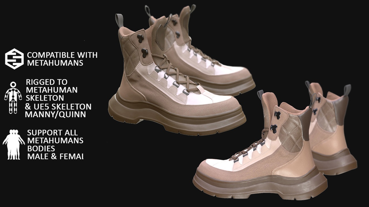 Media 1 for listing 3D Boots Model For Metahuman 2 - Male/Female MH & UE5 Skeletons - Rigged