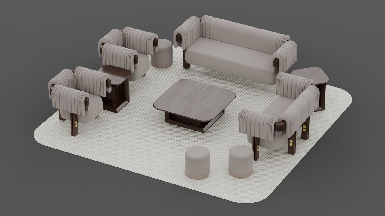 Media 1 for listing Fluted Sofa Set Furniture with Dark Wood Accents and Brass Hardware