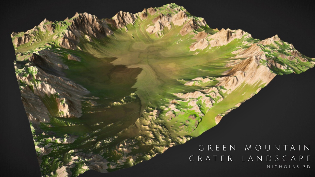 Media 1 for listing Green Mountain Crater Landscape – 4K Heightmap, LODs & Textures