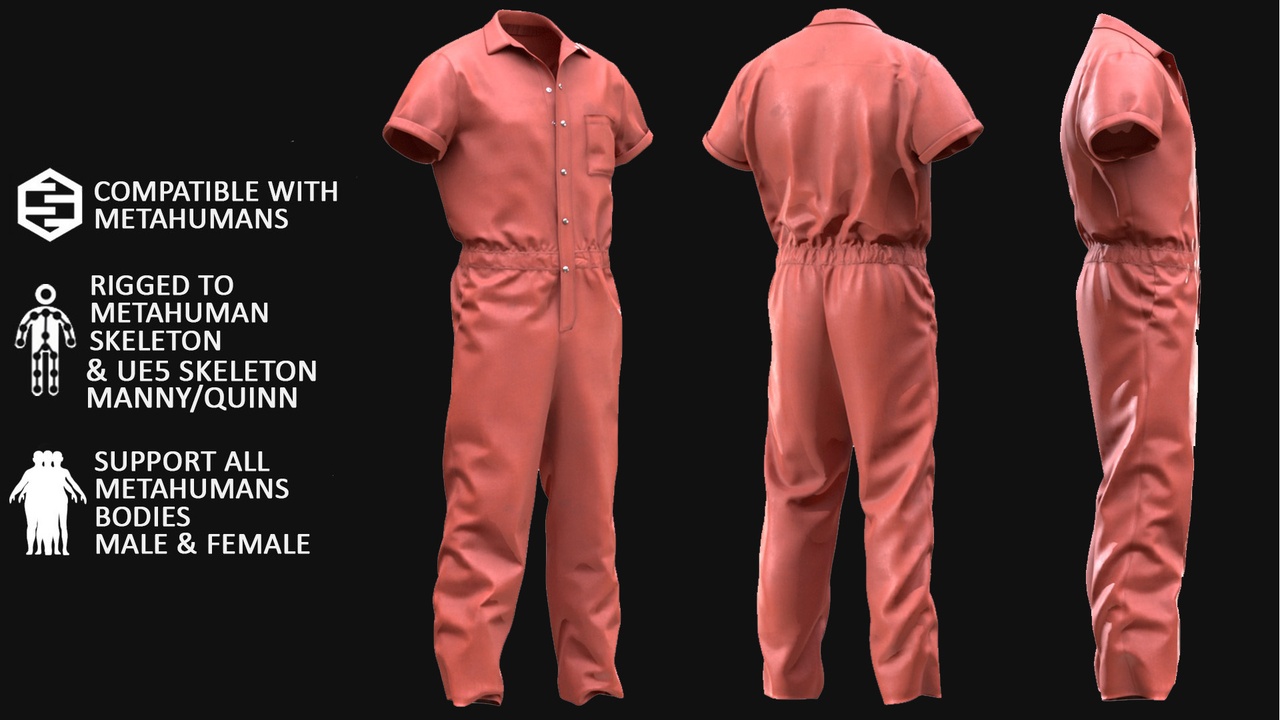 Media 1 for listing Jumpsuit for Metahuman 3D model 92 - MH & UE5 Skeletons - Rigged
