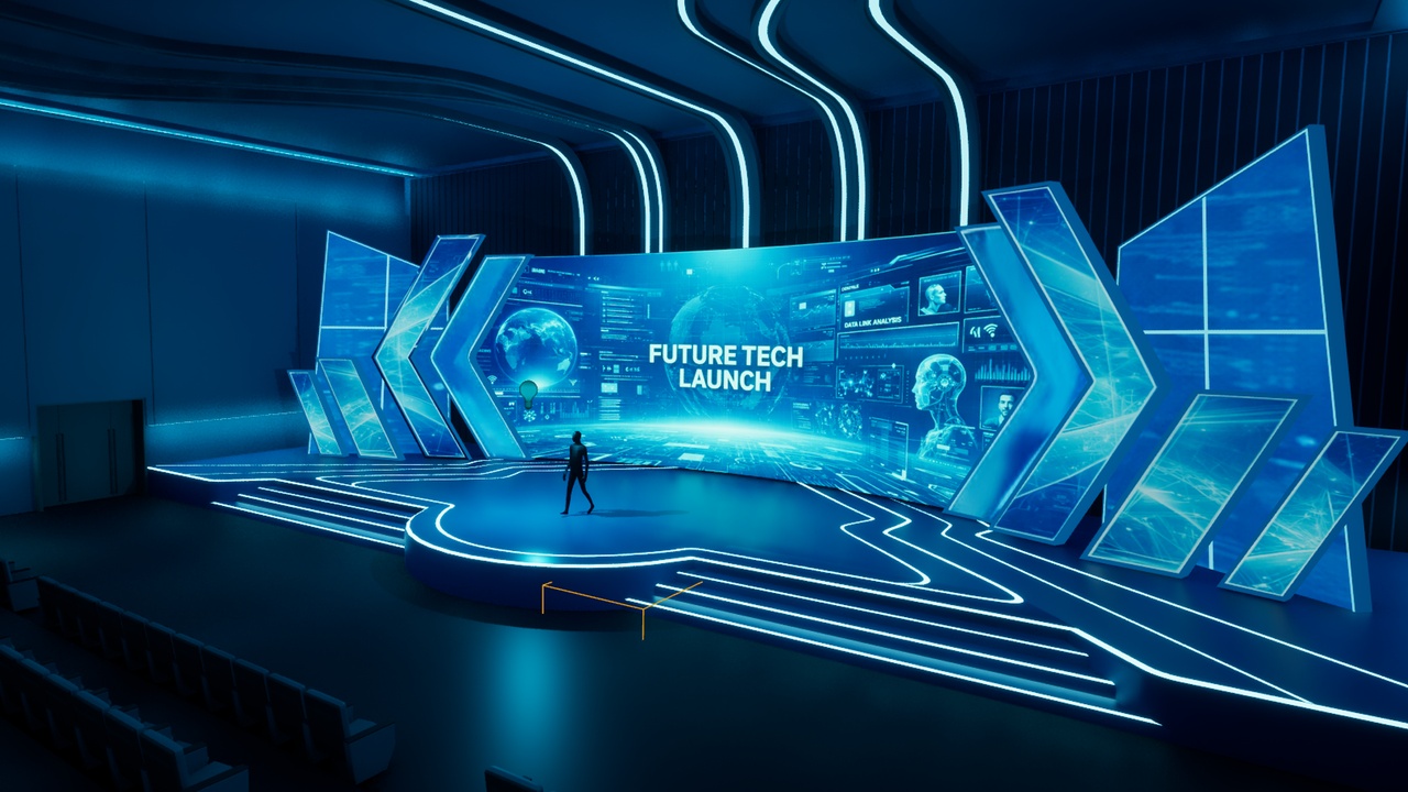 未来科技发布舞台 - 虚拟活动环境 - Futuristic Tech Launch Stage - Virtual Event Environment
