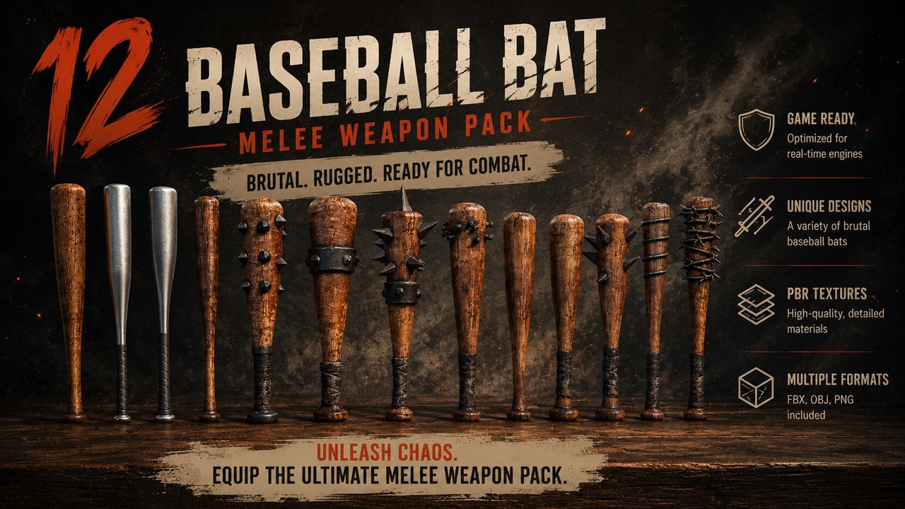 Media 1 for listing 12 Baseball Bat Melee Weapon Pack | Game Ready PBR Weapons