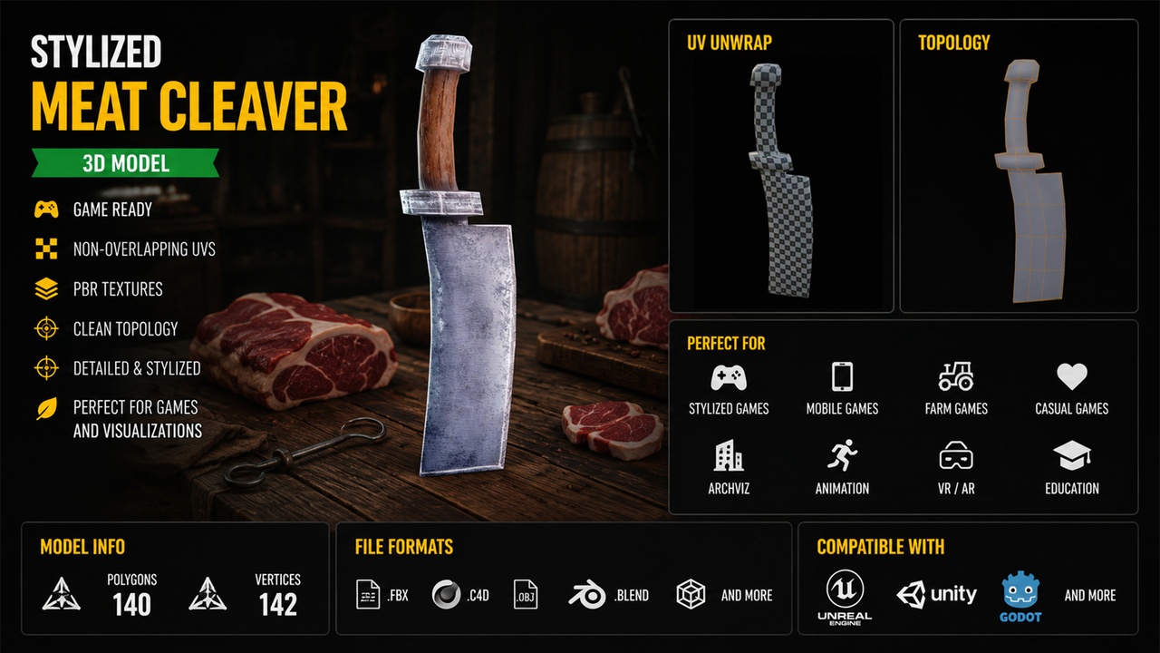 Media 1 for listing Stylized Meat Cleaver - Low Poly Game Ready Prop