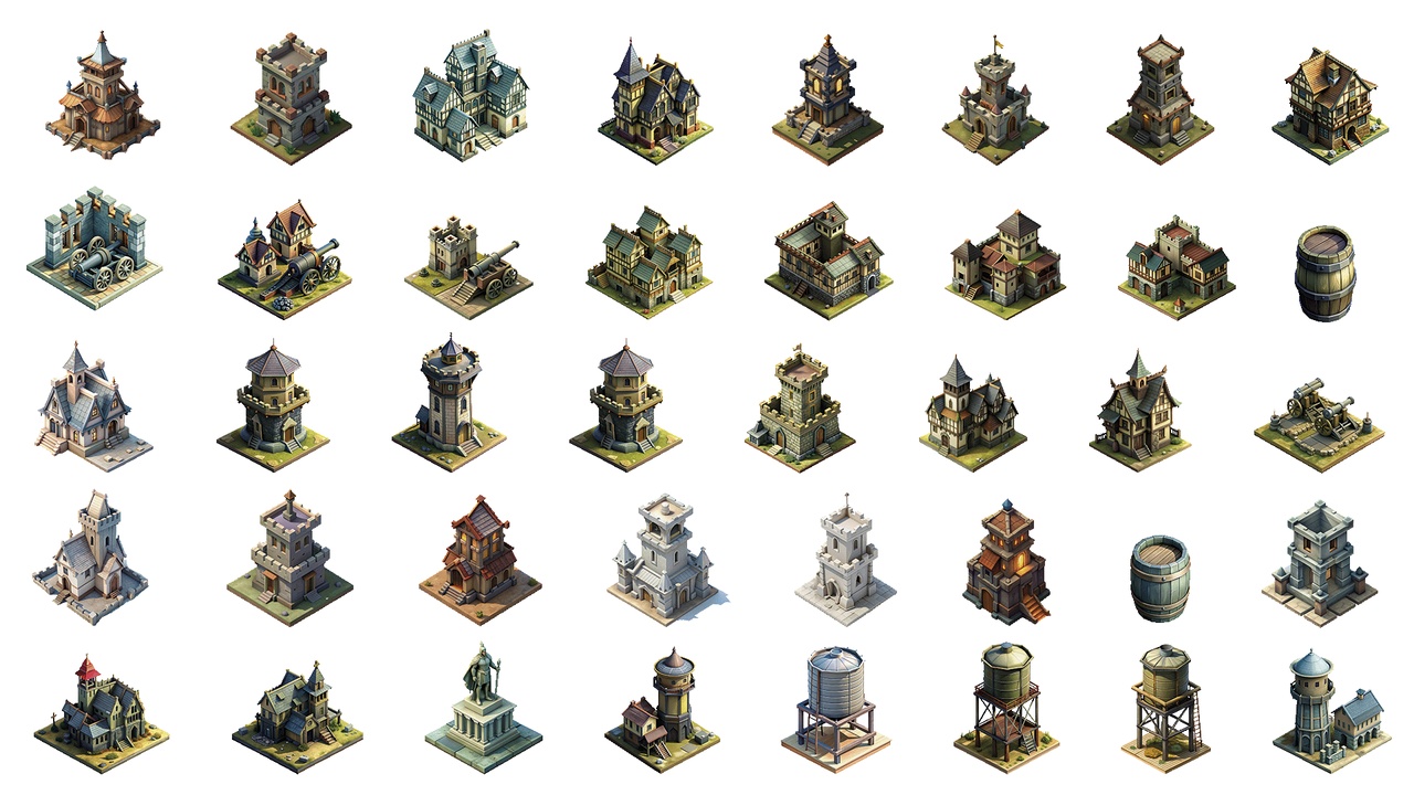 160 Medieval Isometric Buildings - 2D Textures | Fab