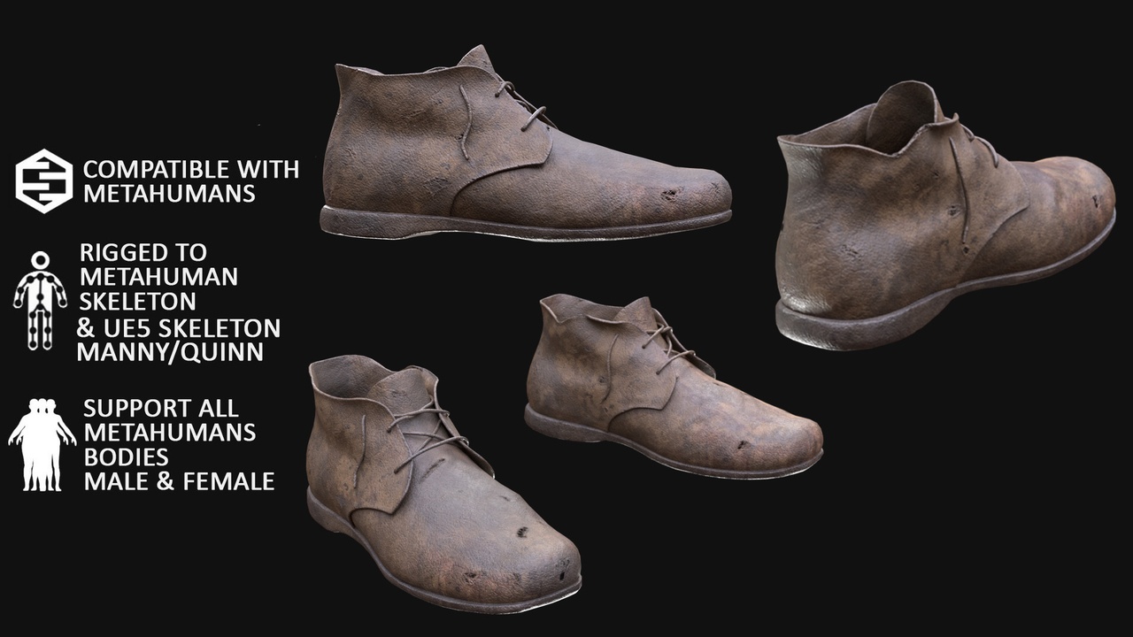 Media 1 for listing 3D Medieval Peasant Boots Model For Metahuman & UE5 Skeletons - Rigged