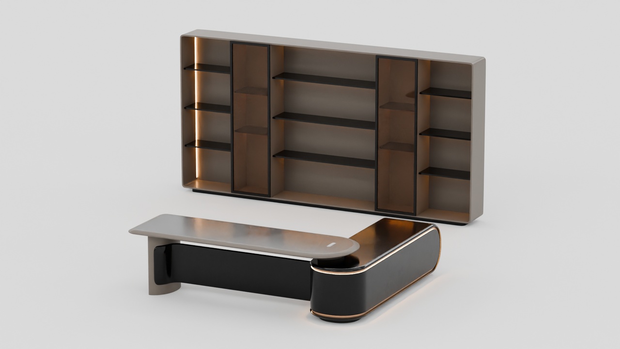 Media 1 for listing Contemporary L-Shaped Office Desk & Integrated Cabinet Unit |Taupe & Gloss Black