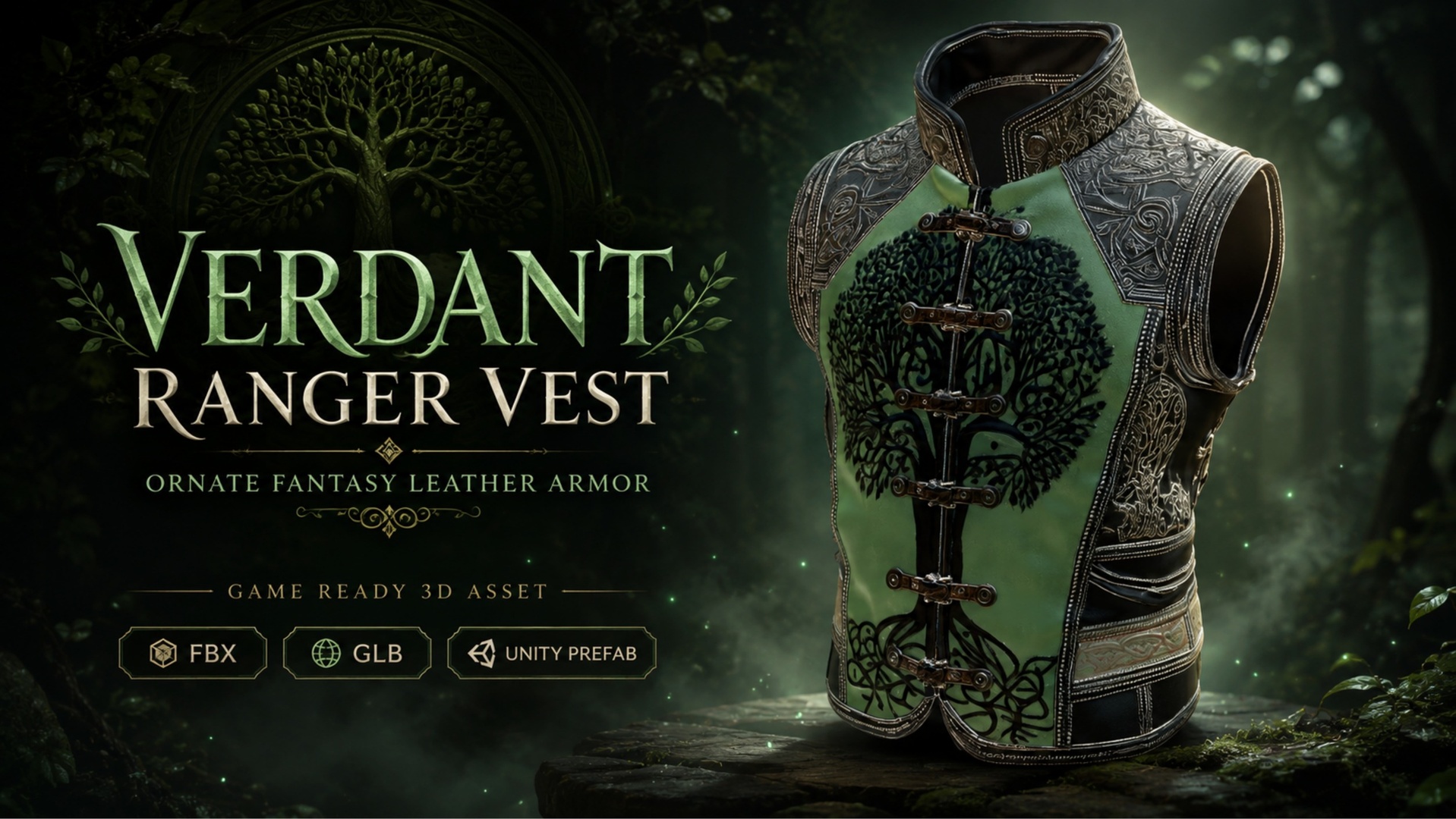 Media 1 for listing Verdant Ranger Vest – Ornate Fantasy Leather Armor