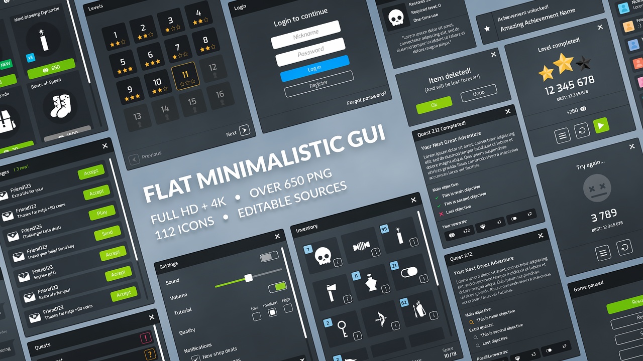 Media 1 for listing Flat Minimalist GUI / UI full kit + widgets + icons + PSD sources