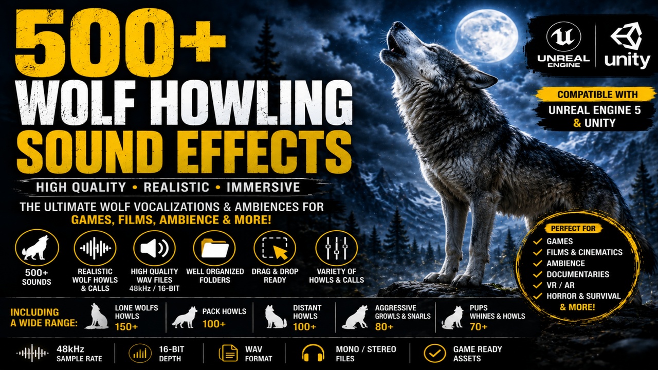Media 1 for listing 500+ Wolf Howling Sound Effects – Realistic Wolf Calls & Wilderness SFX