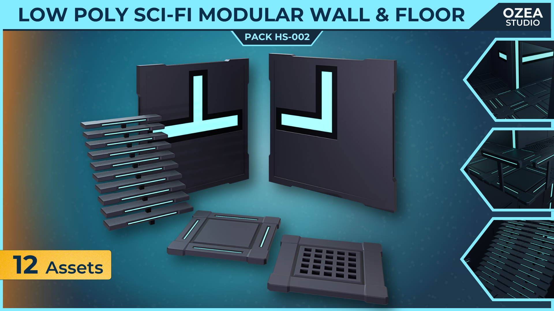 Low Poly Sci-Fi Modular Wall & Floor Pack HS-002 | Fab