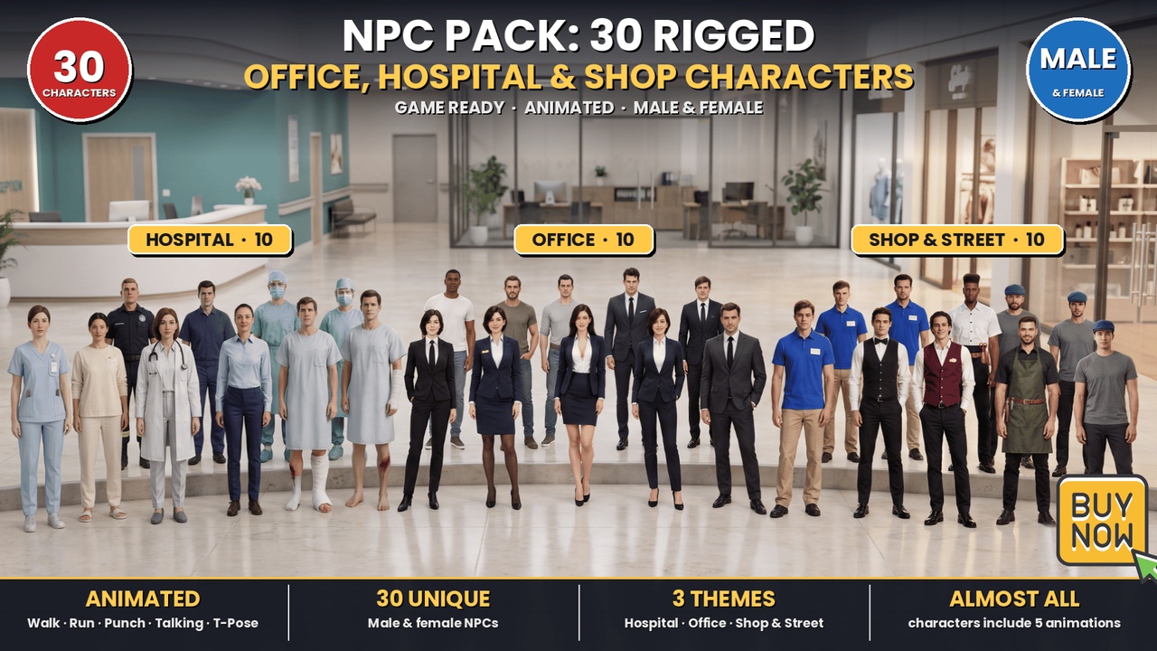 Media 1 for listing NPC Pack 30 Rigged Office Hospital Shop Characters Game Ready