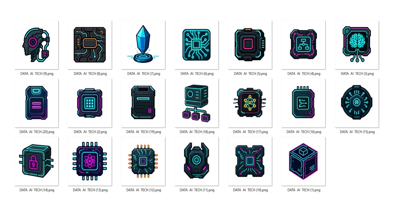 Media 1 for listing Cyberpunk Game UI Icons — Vol. 2 (80 Neon Tech Icons)