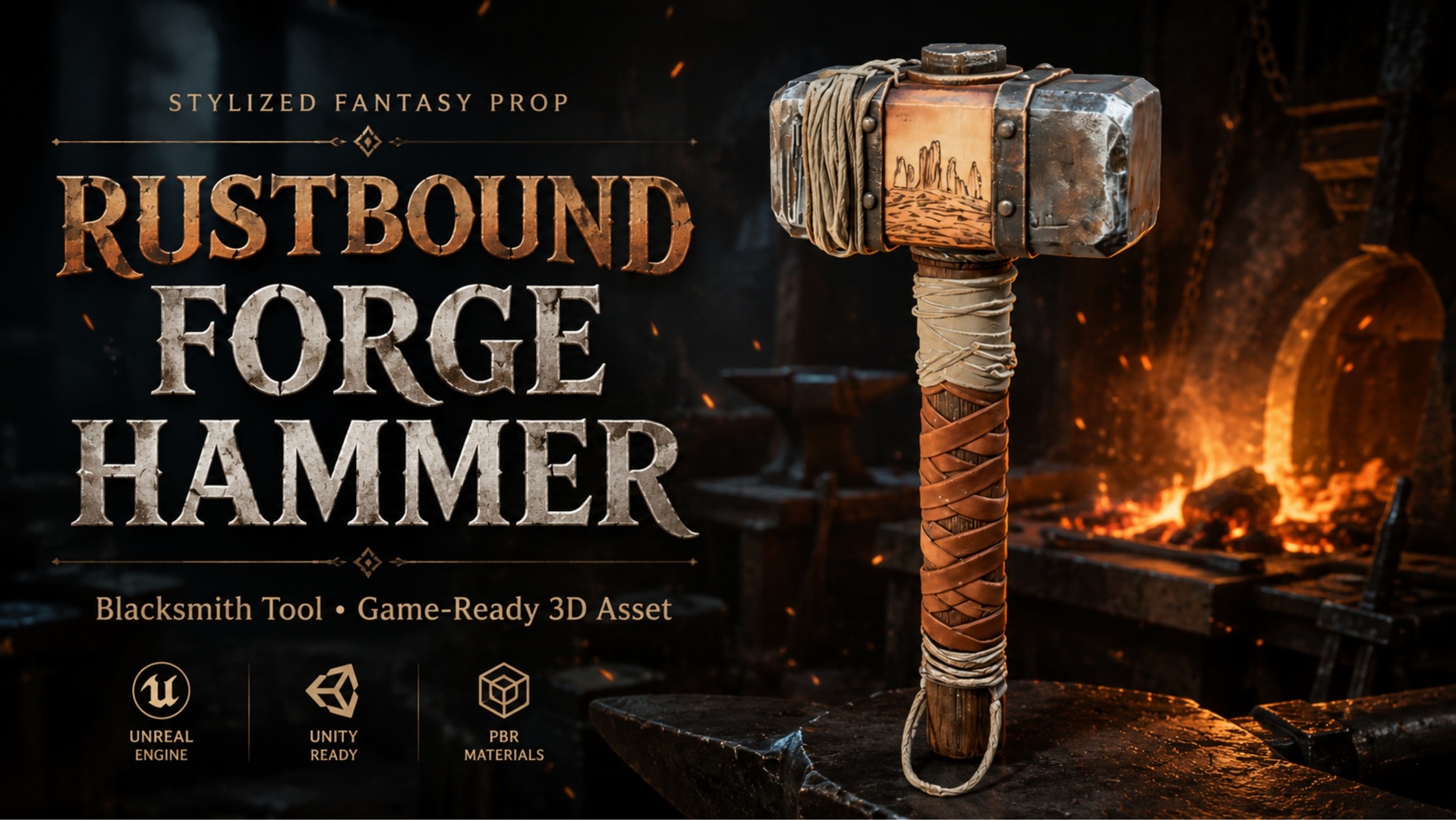 Media 1 for listing Rustbound Forge Hammer – Stylized Fantasy Blacksmith Tool