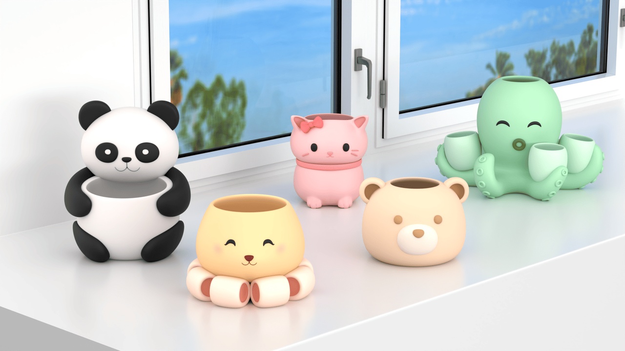 Media 1 for listing Cute Animal Mini Pot Pack – Stylized Low Poly Planters Collection