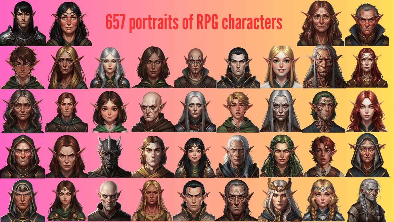 Media 1 for listing 2D Fantasy Portraits Collection – 657 RPG Characters, Transparent Background