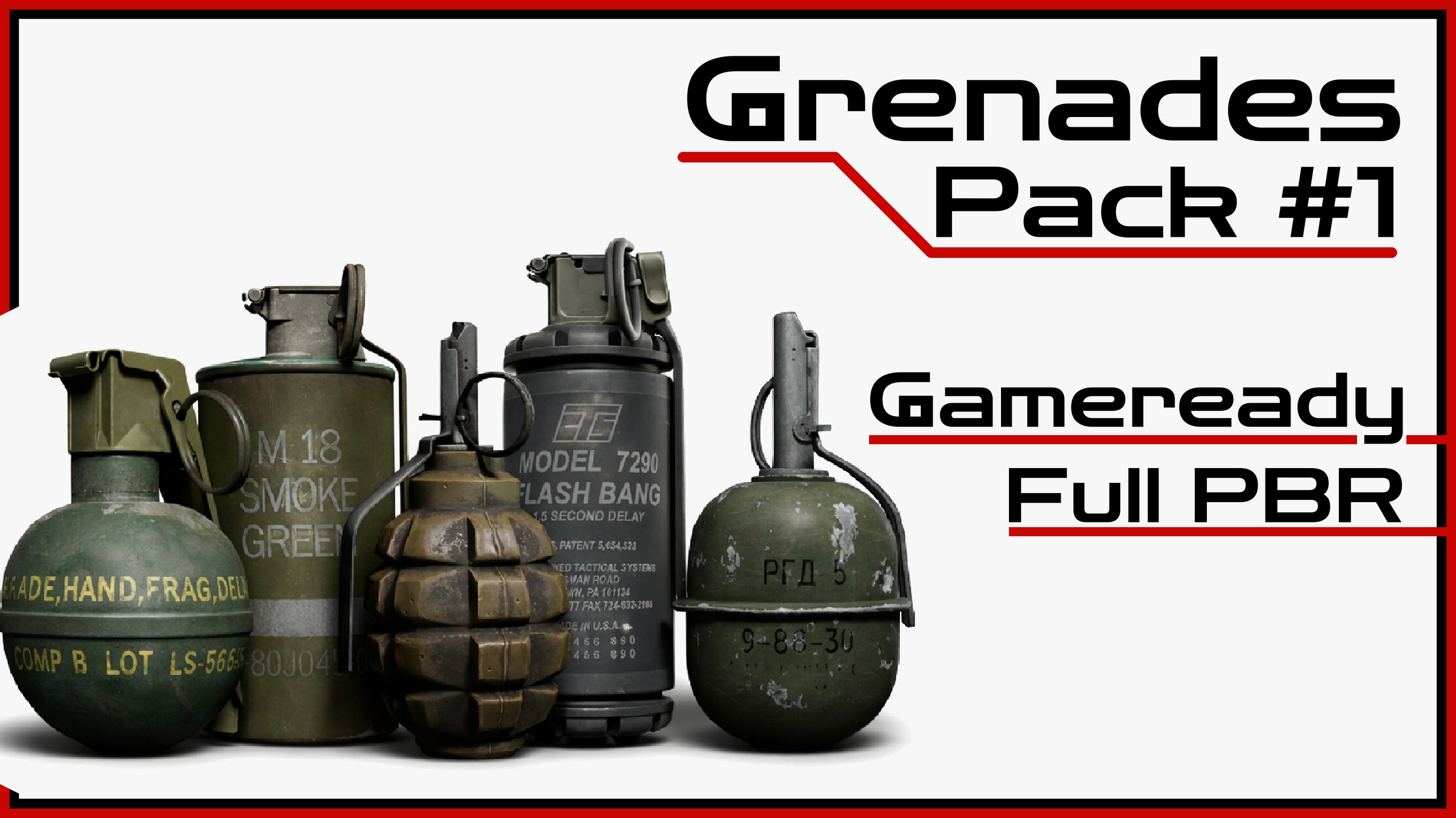 Media 1 for listing Grenade Pack – Frag, Smoke & Flashbang | 5 Modular FPS Props | Game Ready