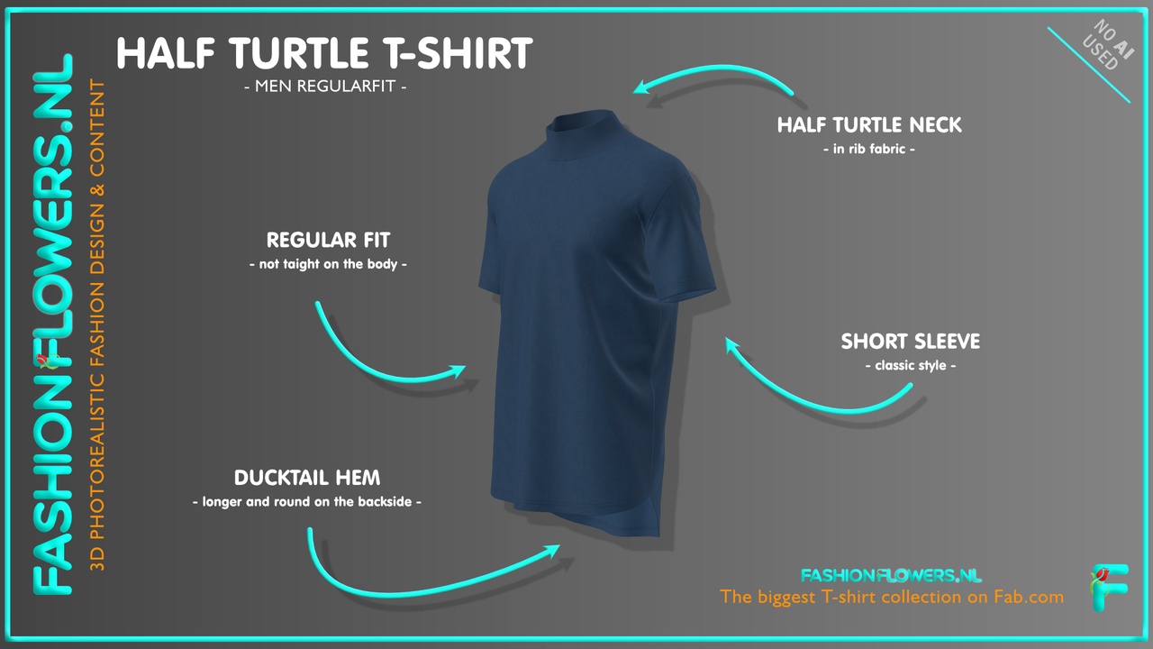 Media 1 for listing Blue Colour Ducktail Half Turtleneck T-shirt | Short Sleeves | Longer Backside