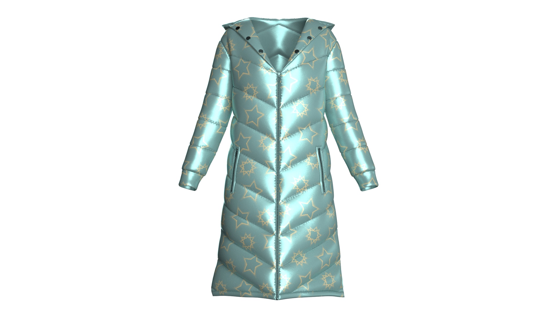 Media 1 for listing Girls Aqua Star Print Longline Puffer Hooded Coat | High Poly