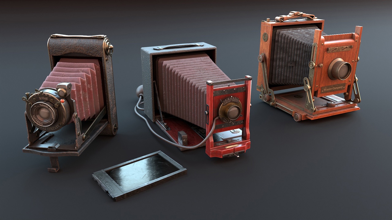 Media 1 for listing Vintage Cameras - 3 Detailed Game Ready Props
