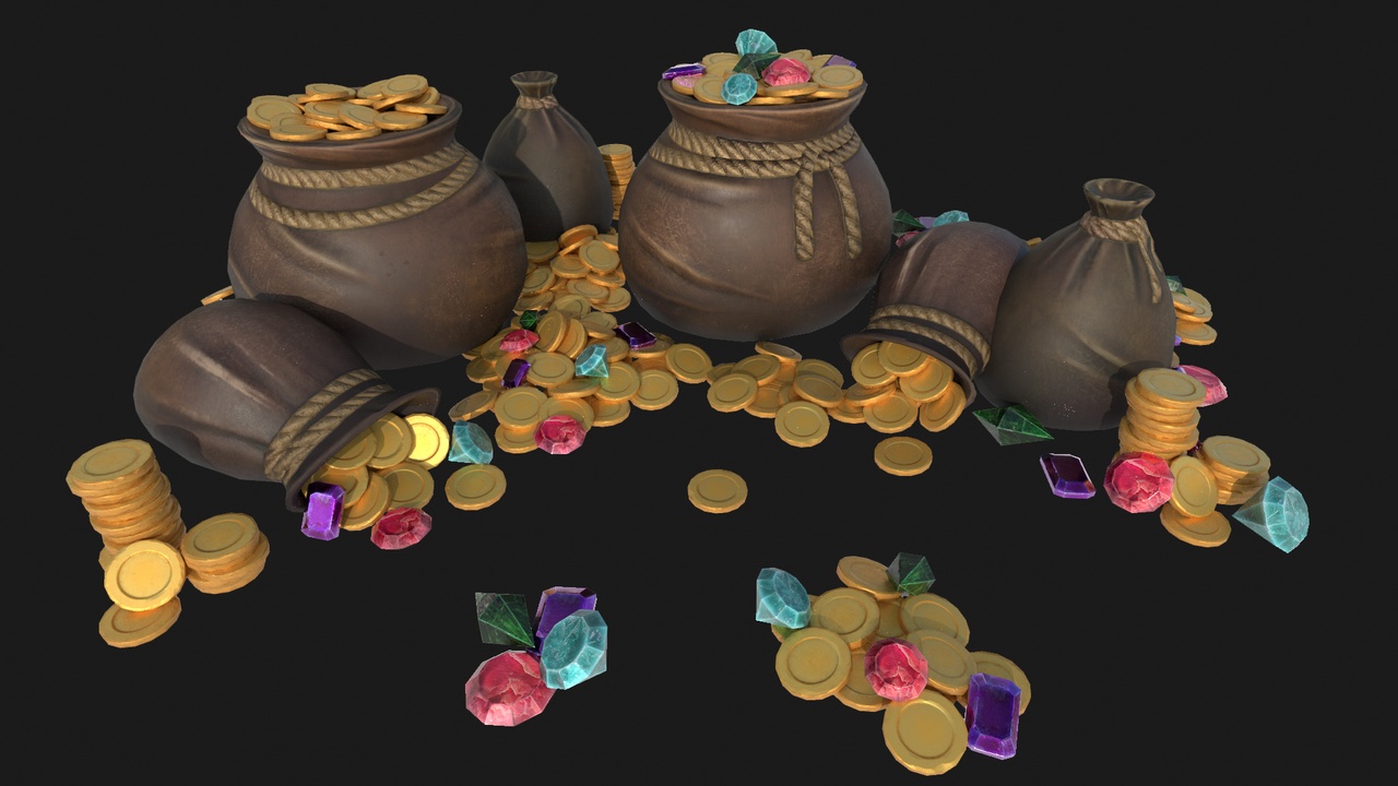 Media 1 for listing Bag of Coins Treasure Wallet Gem Golden Pile Stylized Set