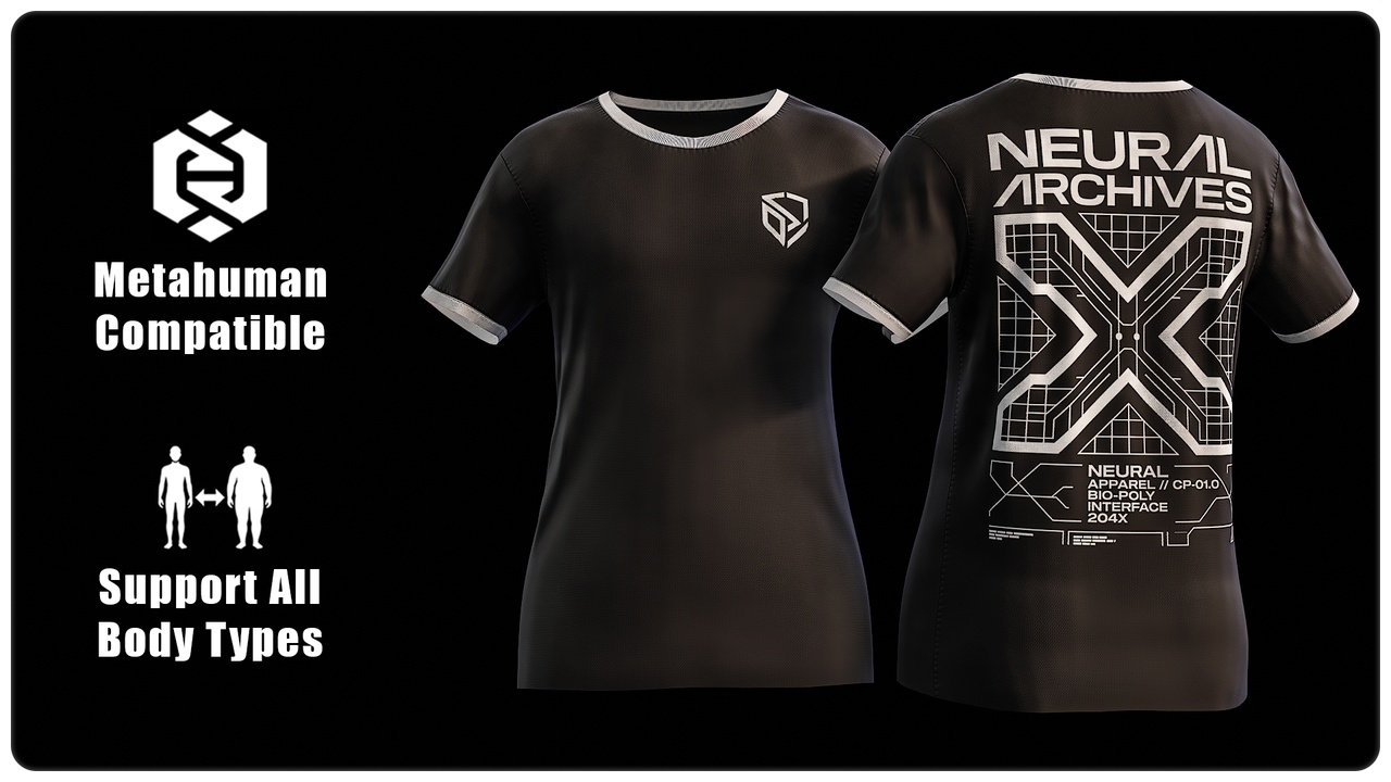 Media 1 for listing T-Shirt 005: Neural Archives Techwear - MetaHuman Wardrobe Item