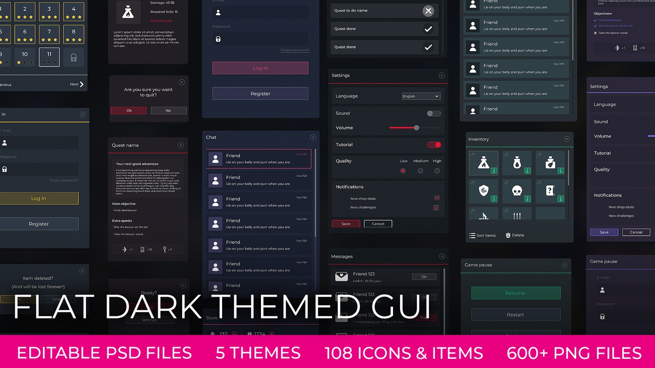 Media 1 for listing Flat Dark GUI / UI Kit - 5 color themes! + widgets, psd sources, icons, 4k