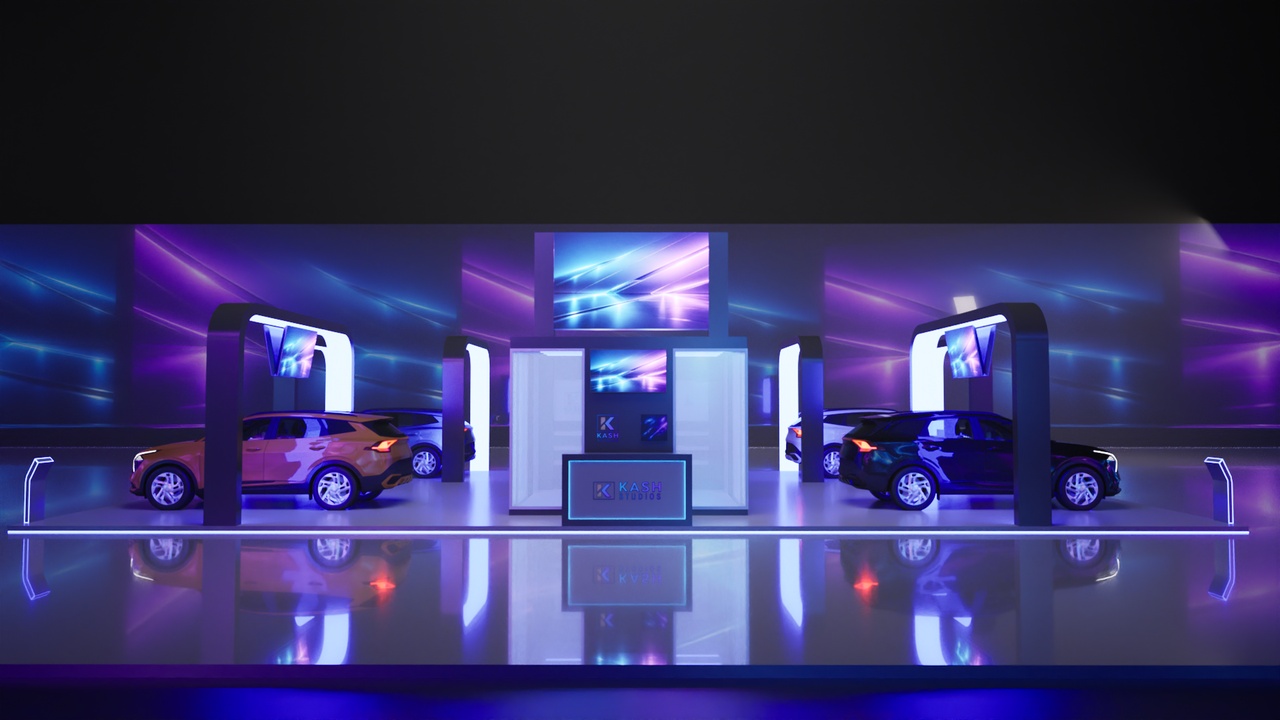 Media 1 for listing Futuristic Automotive Exhibition Booth 19×12m – Car Display Stand with LED Light
