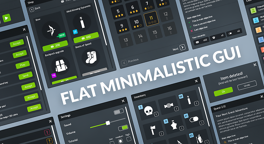 Flat Minimalist GUI / UI full kit + widgets + icons + PSD sources | Fab