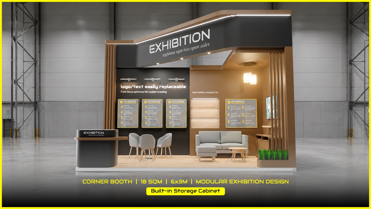 الوسائط 1 للقائمة Modular 18 Sqm Exhibition Stand: Integrated Storage Cabinet | Corner Space