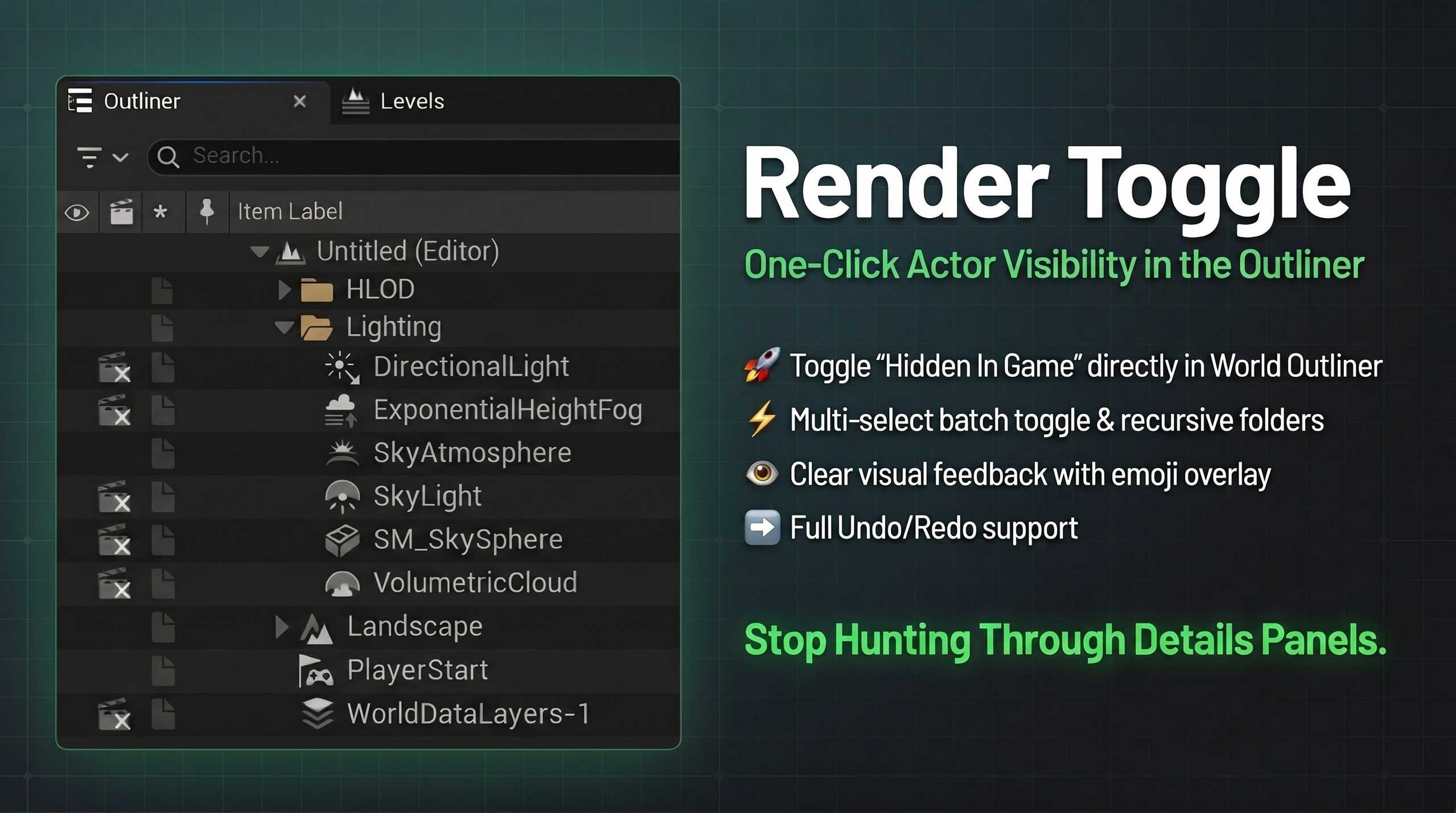 Media 1 for listing Render Toggle - Outliner based render visibility, one click away.