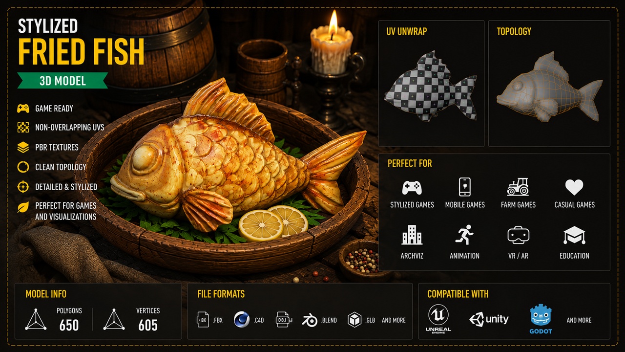 Media 1 for listing Stylized Fried Fish – Low Poly Game Ready 3D Model