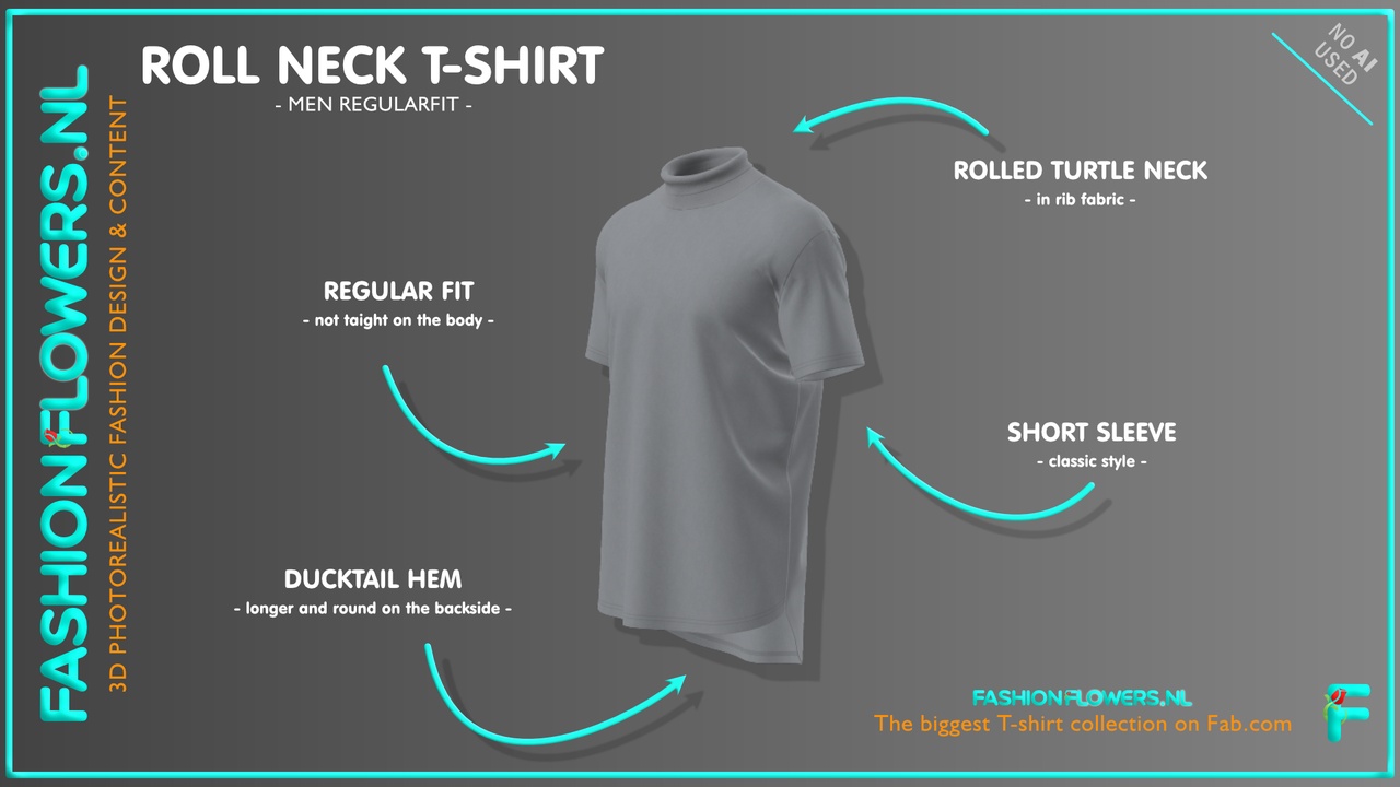Media 1 for listing Gray Colour Roll Neck Short Sleeve T-shirt | Full Turtleneck | Longer Backside