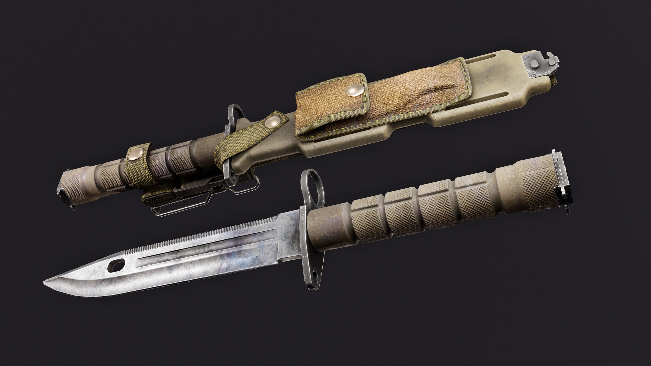 Media 1 for listing Realistic Bayonet Knife + Sheath 3D Model | Full PBR Textures | Game-Ready Asset