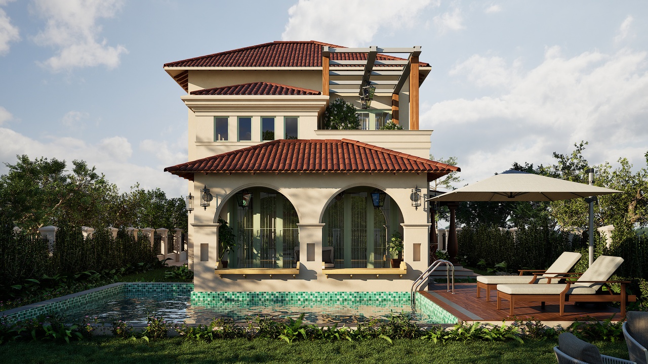 Media 1 for listing ArchViz Vol 5.1 - Spanish Colonial Villa Exterior With Pool